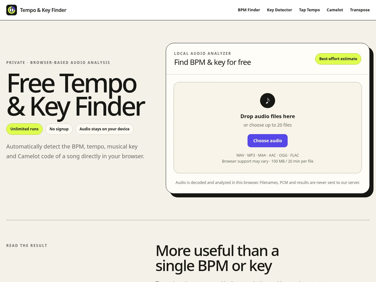 Landing-page snapshot of tempokeyfinder.com
