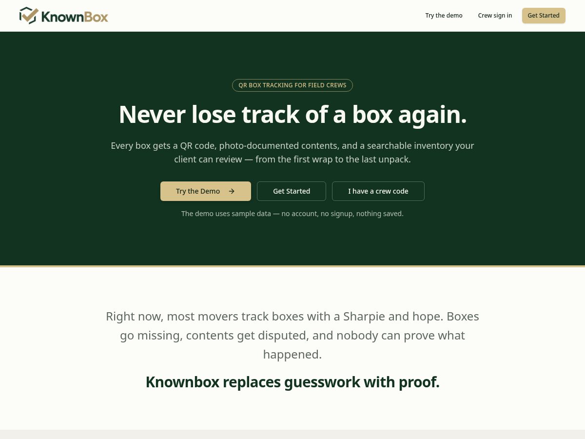 Landing-page snapshot of theknownbox.com
