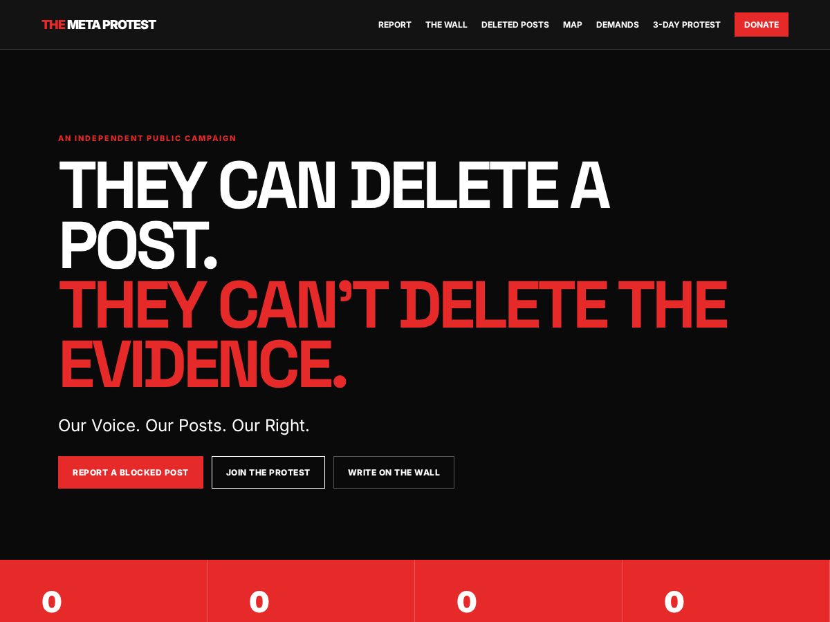 Landing-page snapshot of themetaprotest.com