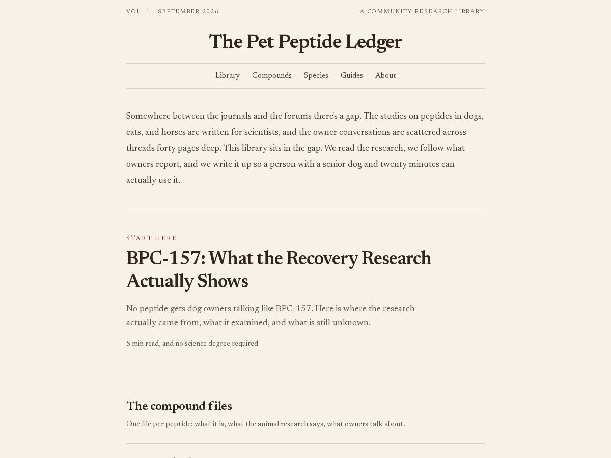 Landing-page snapshot of thepetpeptideledger.com