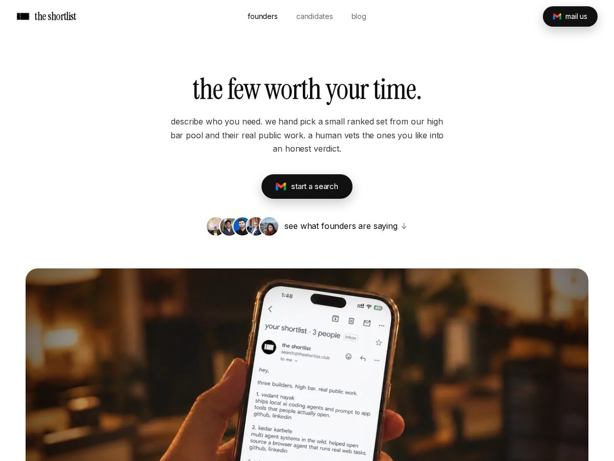 Landing-page snapshot of theshortlist.club
