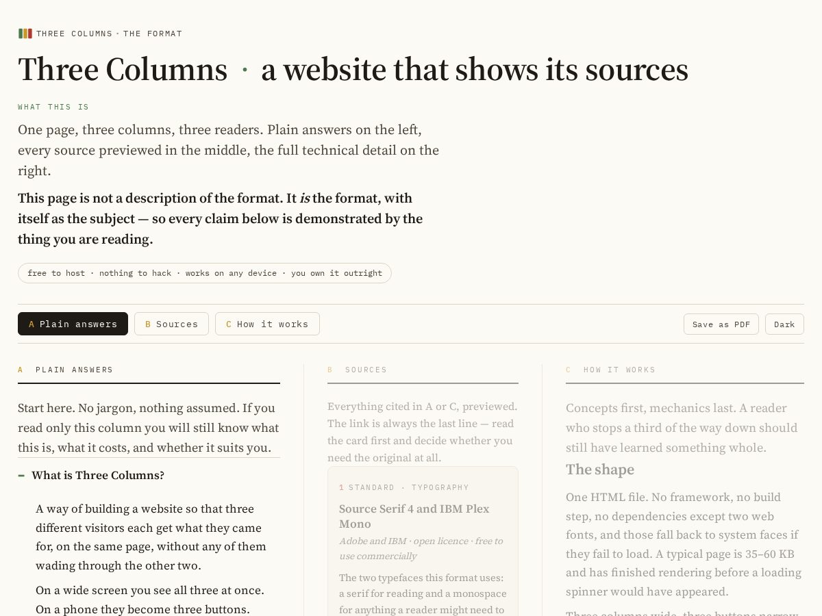Landing-page snapshot of threecolumns.online