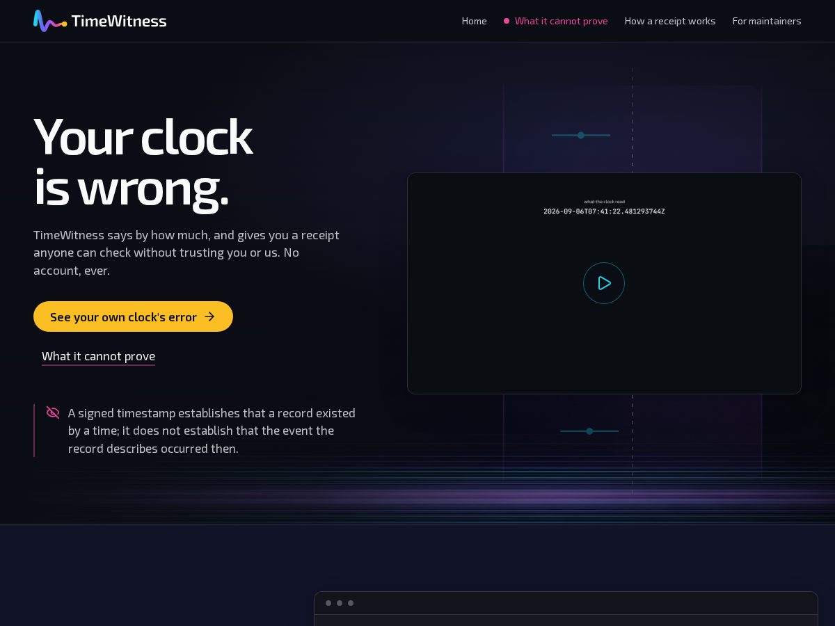 Landing-page snapshot of timewitness.dev