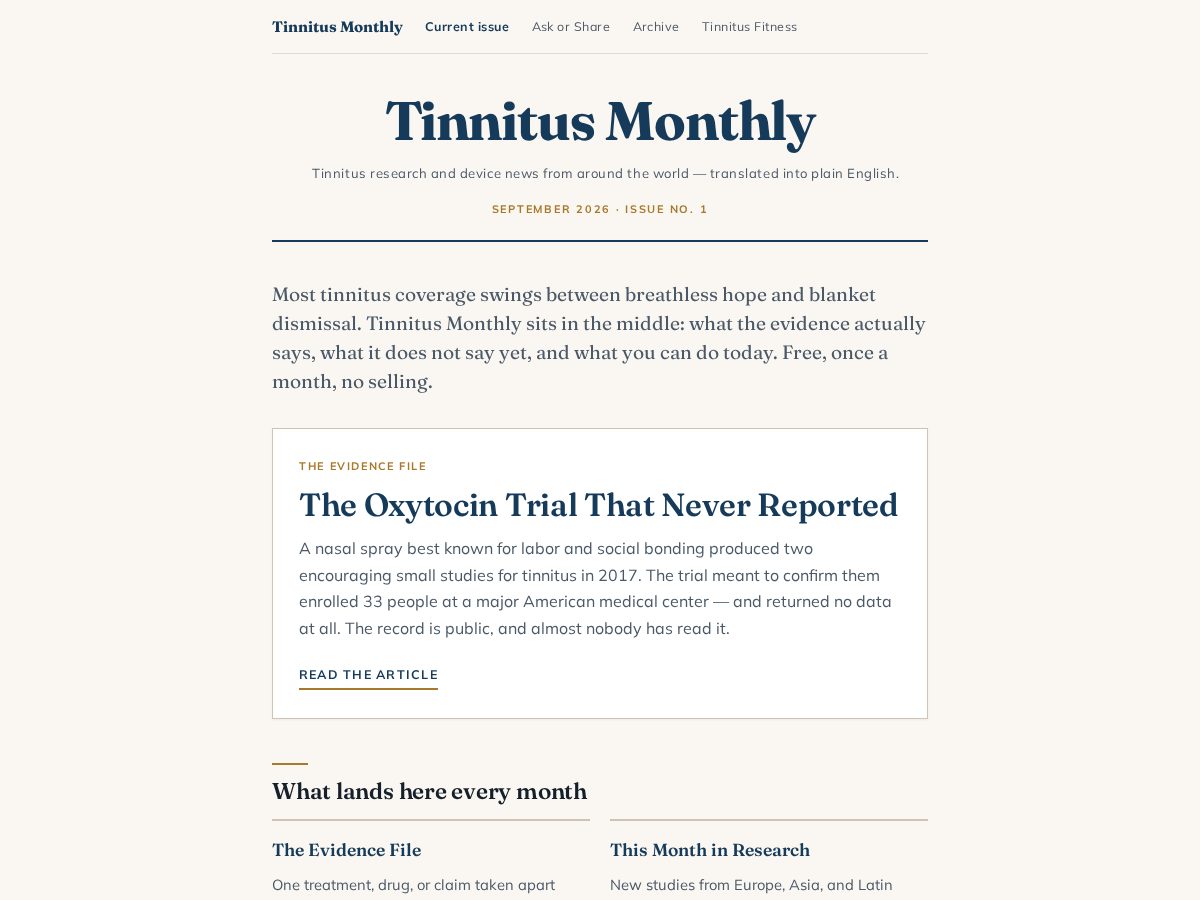 Landing-page snapshot of tinnitusmonthly.com