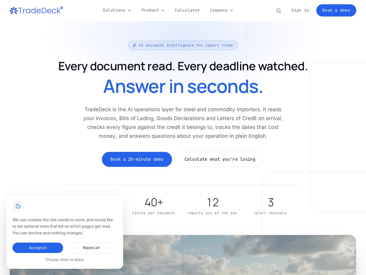Landing-page snapshot of tradedeckai.com