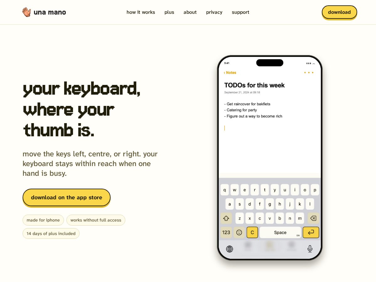 Landing-page snapshot of unamanokeyboard.com