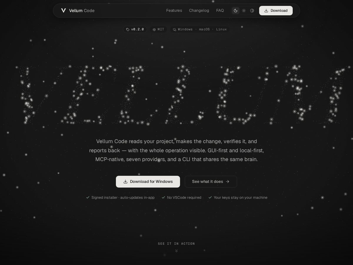 Landing-page snapshot of vellumcode.com