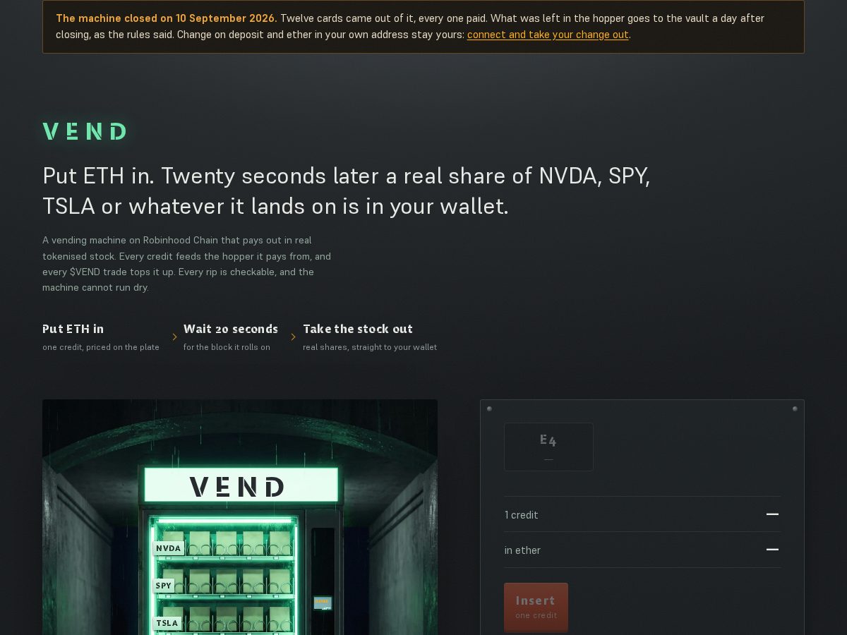 Landing-page snapshot of vendmachine.xyz