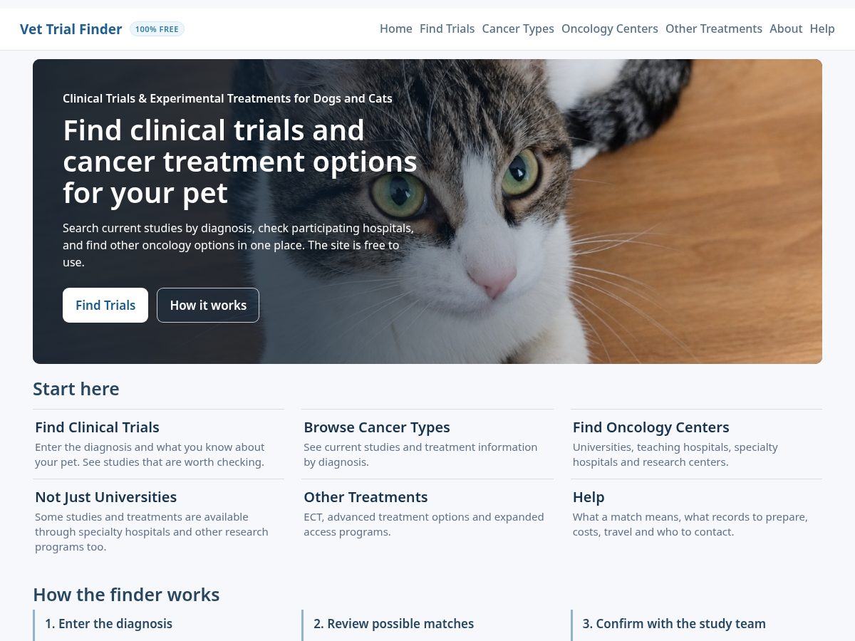 Landing-page snapshot of vettrialfinder.com