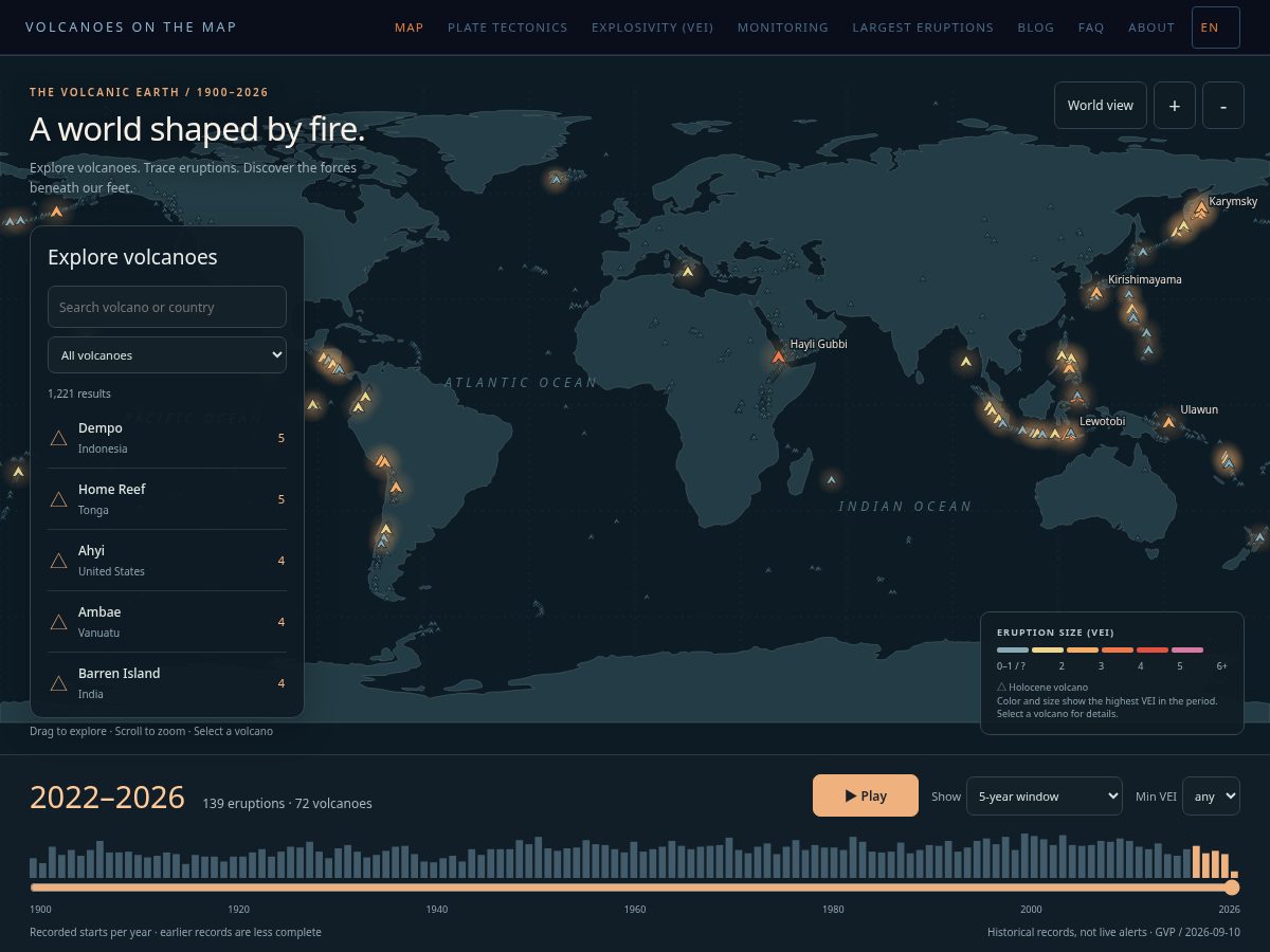 Landing-page snapshot of volcanoesmap.com