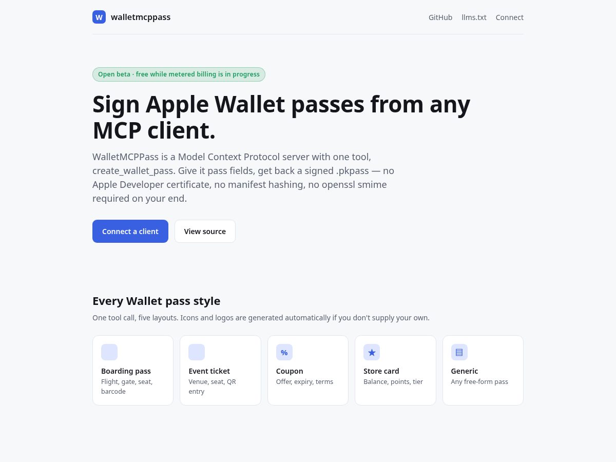 Landing-page snapshot of walletmcppass.com