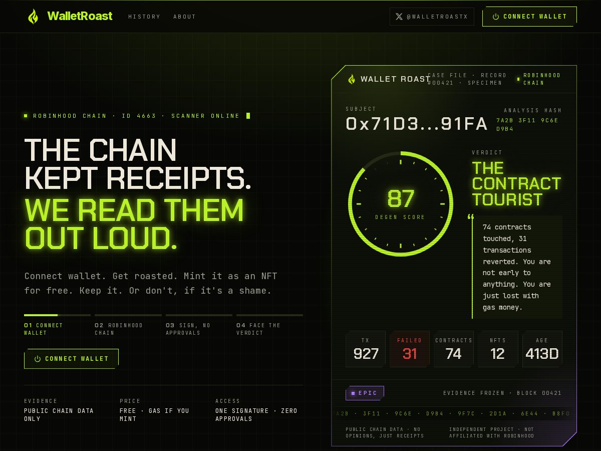 Landing-page snapshot of walletroast.app