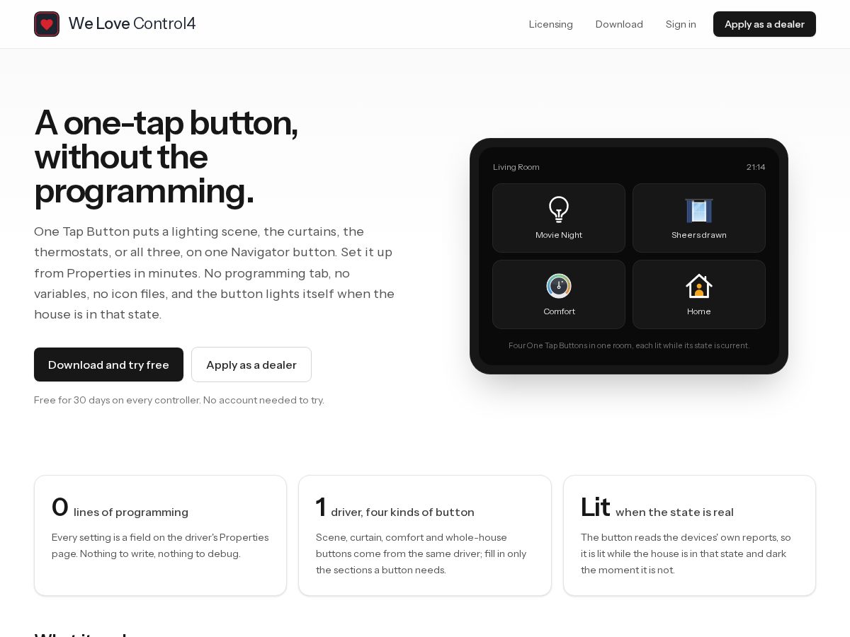 Landing-page snapshot of welovecontrol4.com