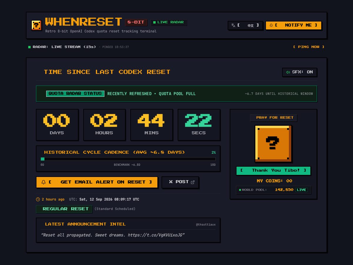Landing-page snapshot of whenreset.top