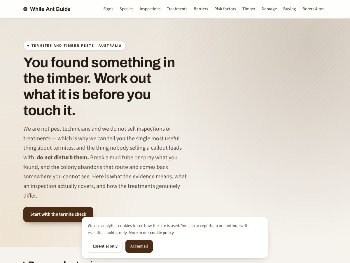Landing-page snapshot of whiteantguide.com