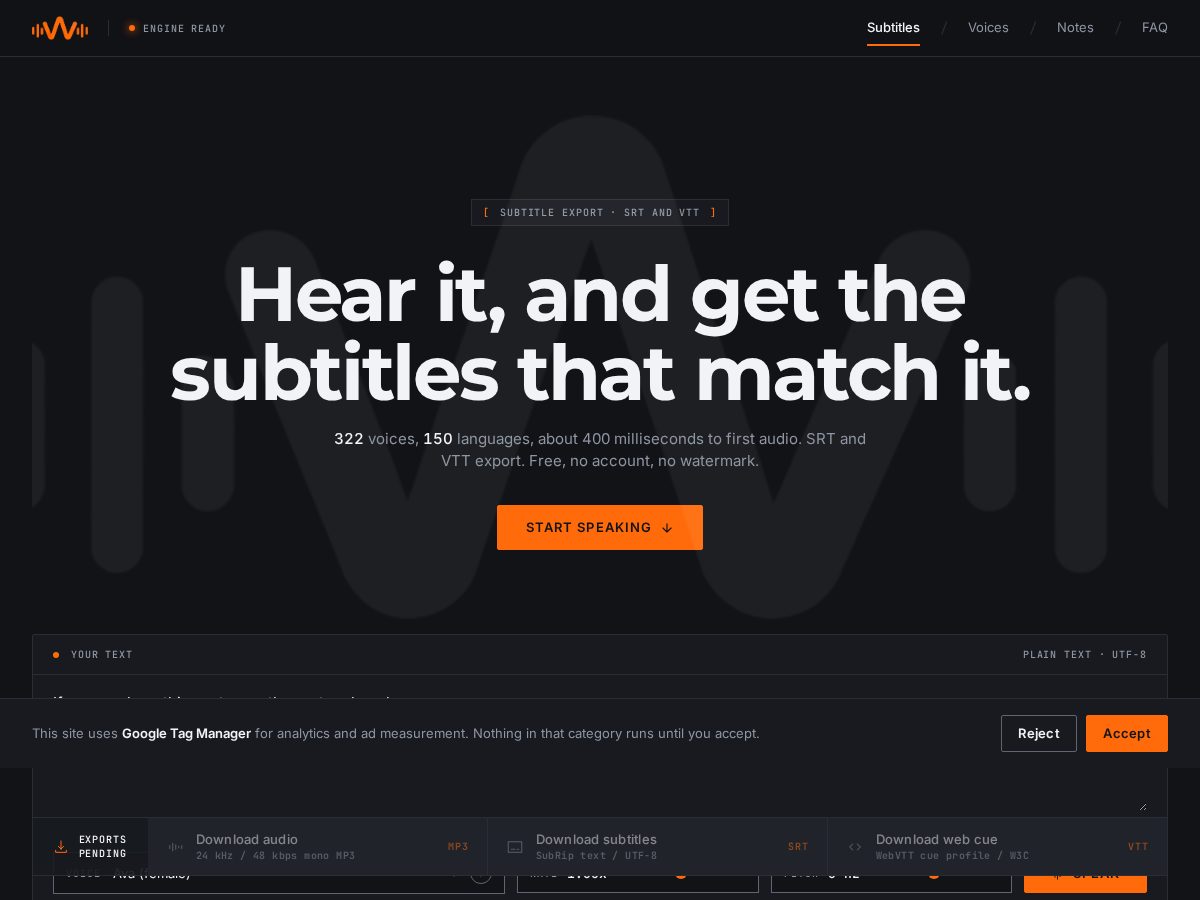 Landing-page snapshot of wordtospeech.com