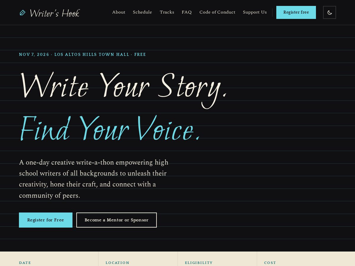 Landing-page snapshot of writershook.com