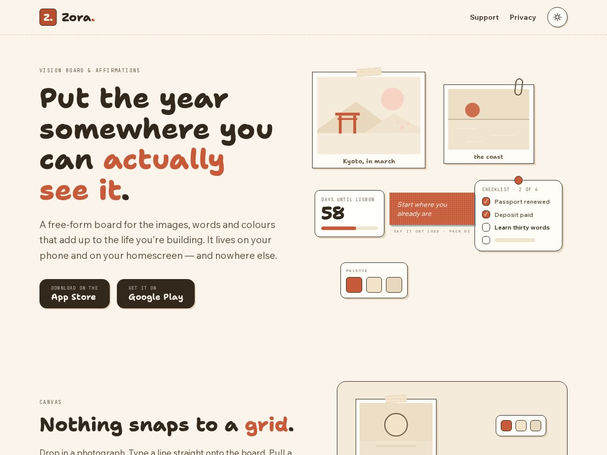Landing-page snapshot of zoraboards.com