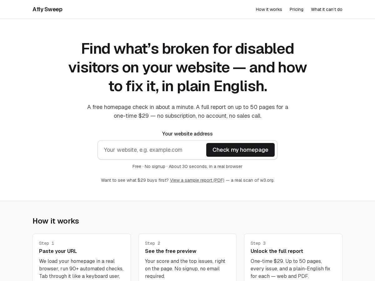 Landing-page snapshot of a11ysweep.com