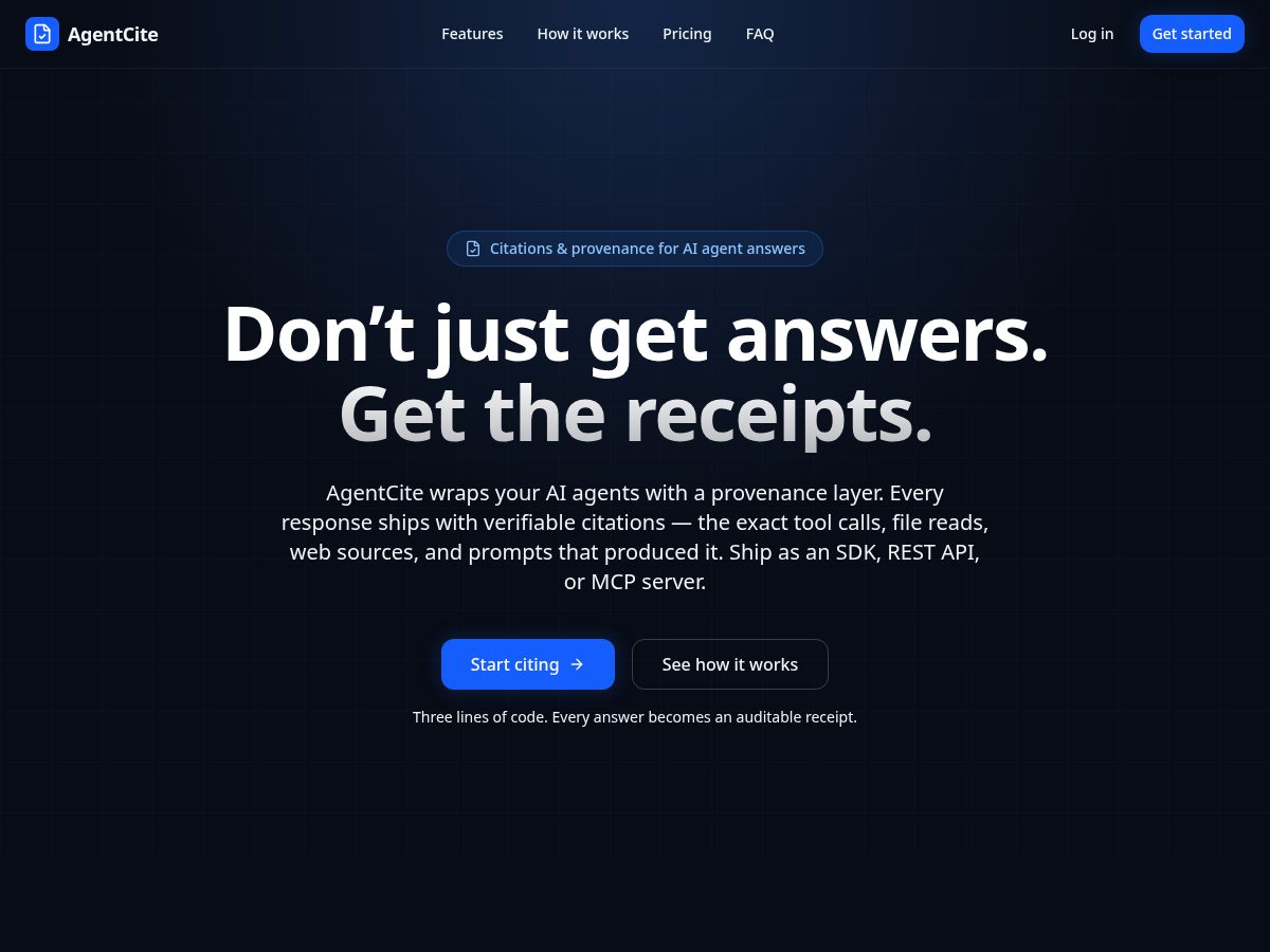 Landing-page snapshot of agentcite.dev