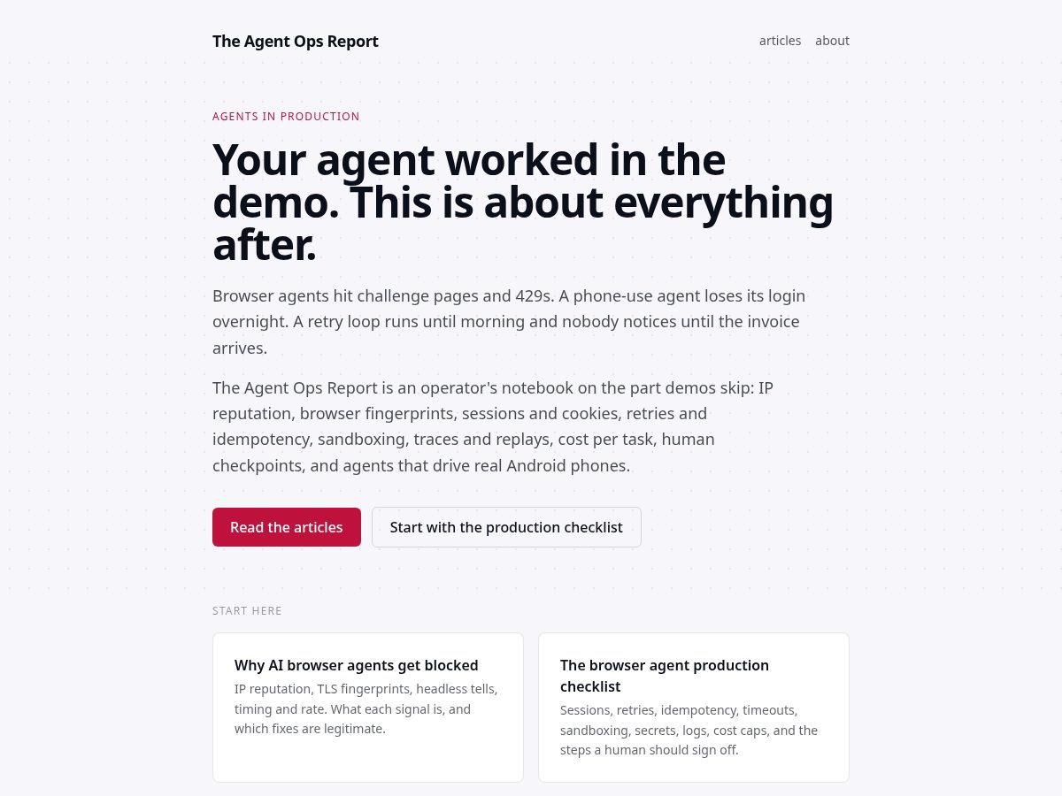 Landing-page snapshot of agentopsreport.com