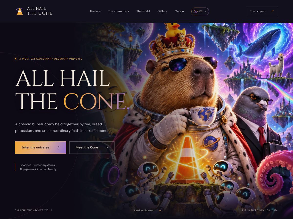 Landing-page snapshot of allhailthecone.com
