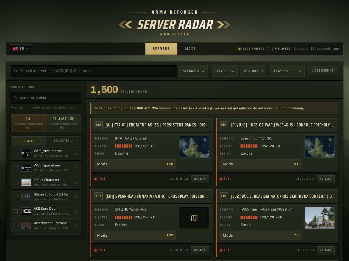Landing-page snapshot of arma-reforger-radar.com