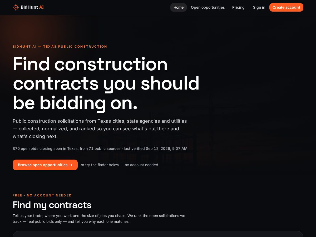 Landing-page snapshot of bidhuntai.com