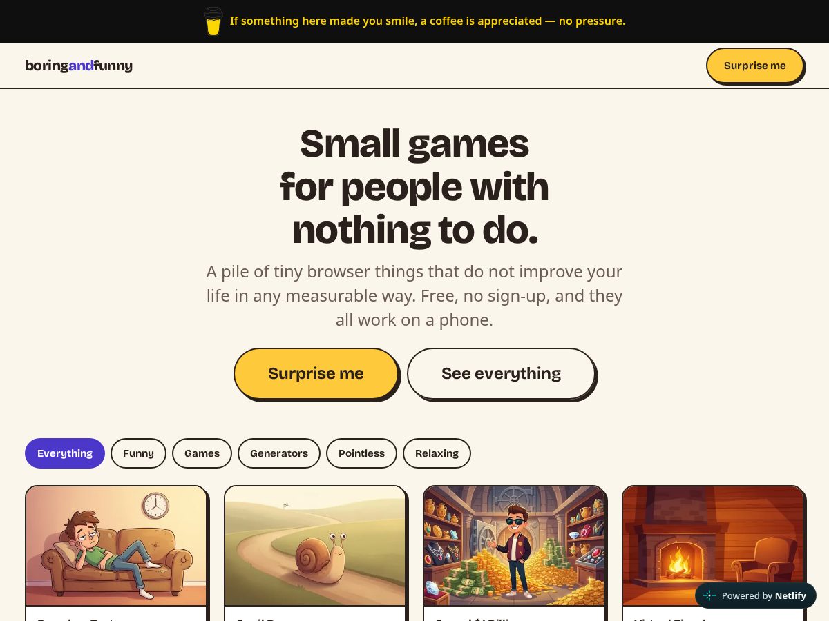 Landing-page snapshot of boringandfunny.com