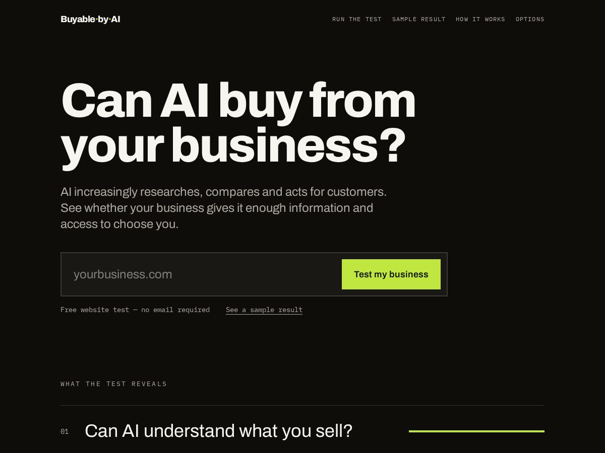 Landing-page snapshot of buyablebyai.com