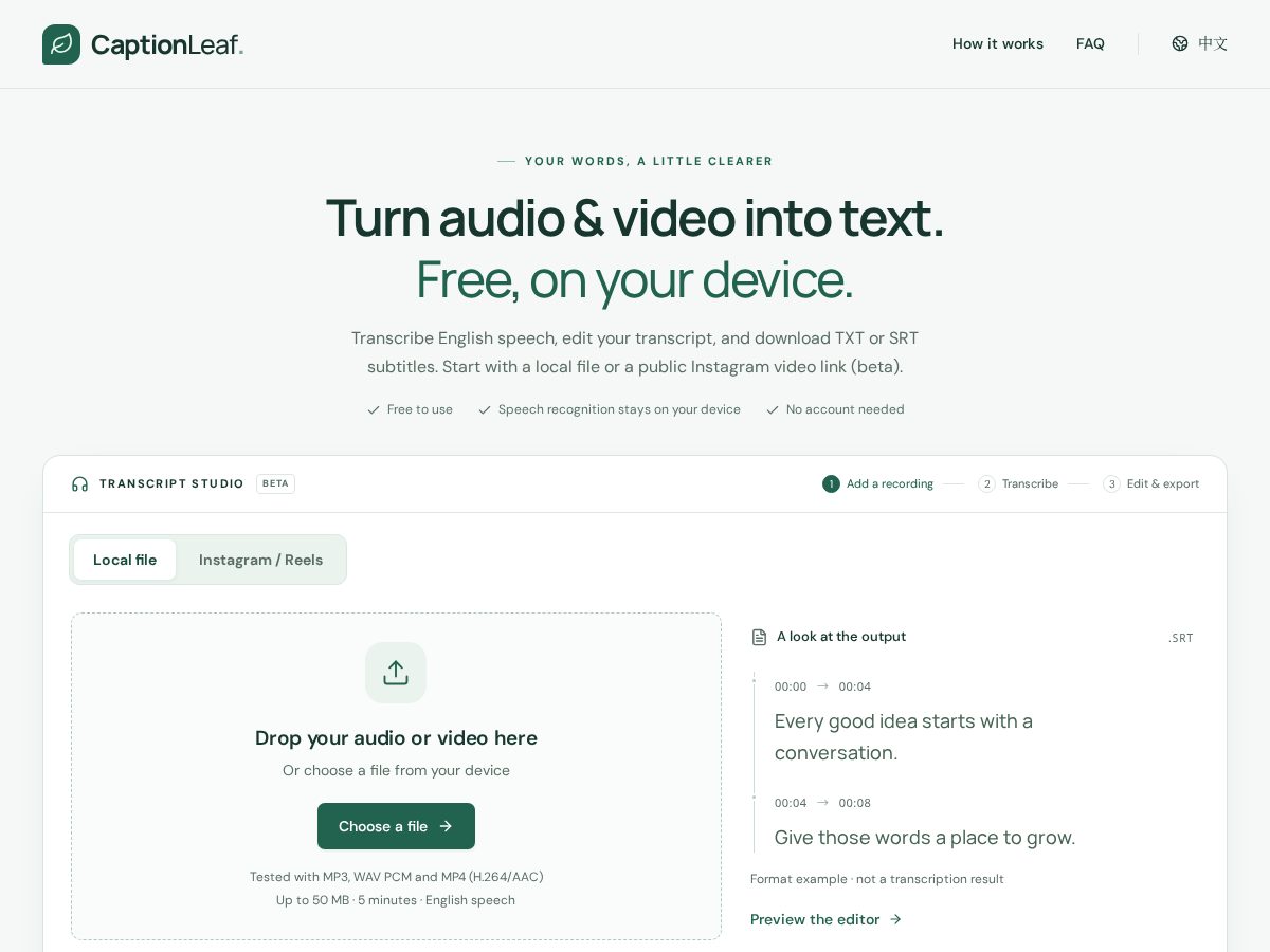 Landing-page snapshot of captionleaf.com
