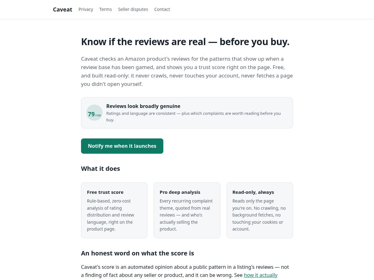 Landing-page snapshot of caveatpro.com