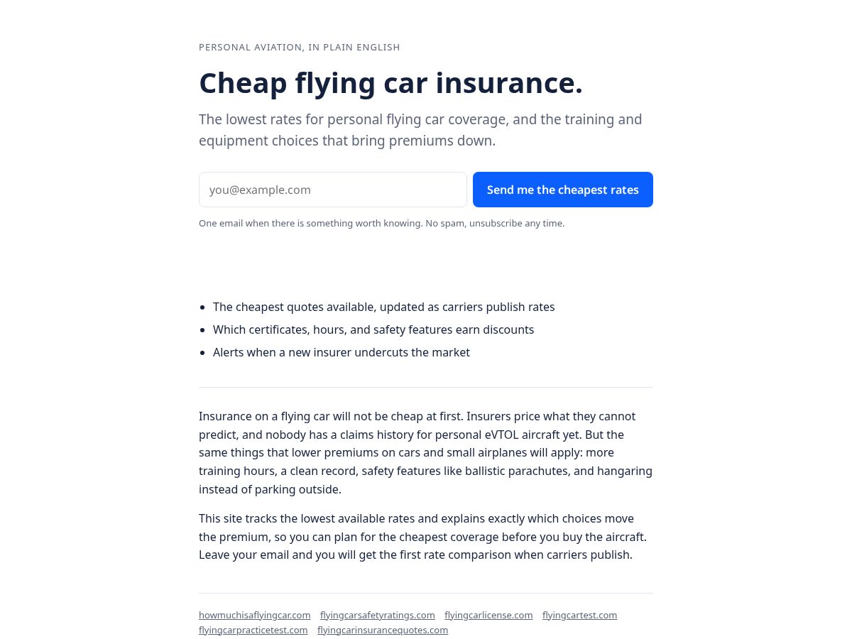 Landing-page snapshot of cheapflyingcarinsurance.com