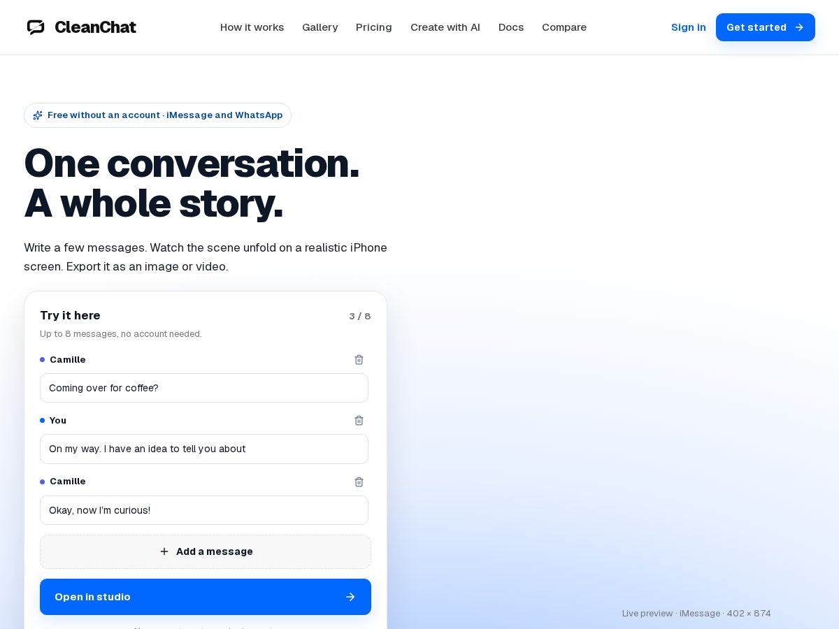 Landing-page snapshot of cleanchat.app