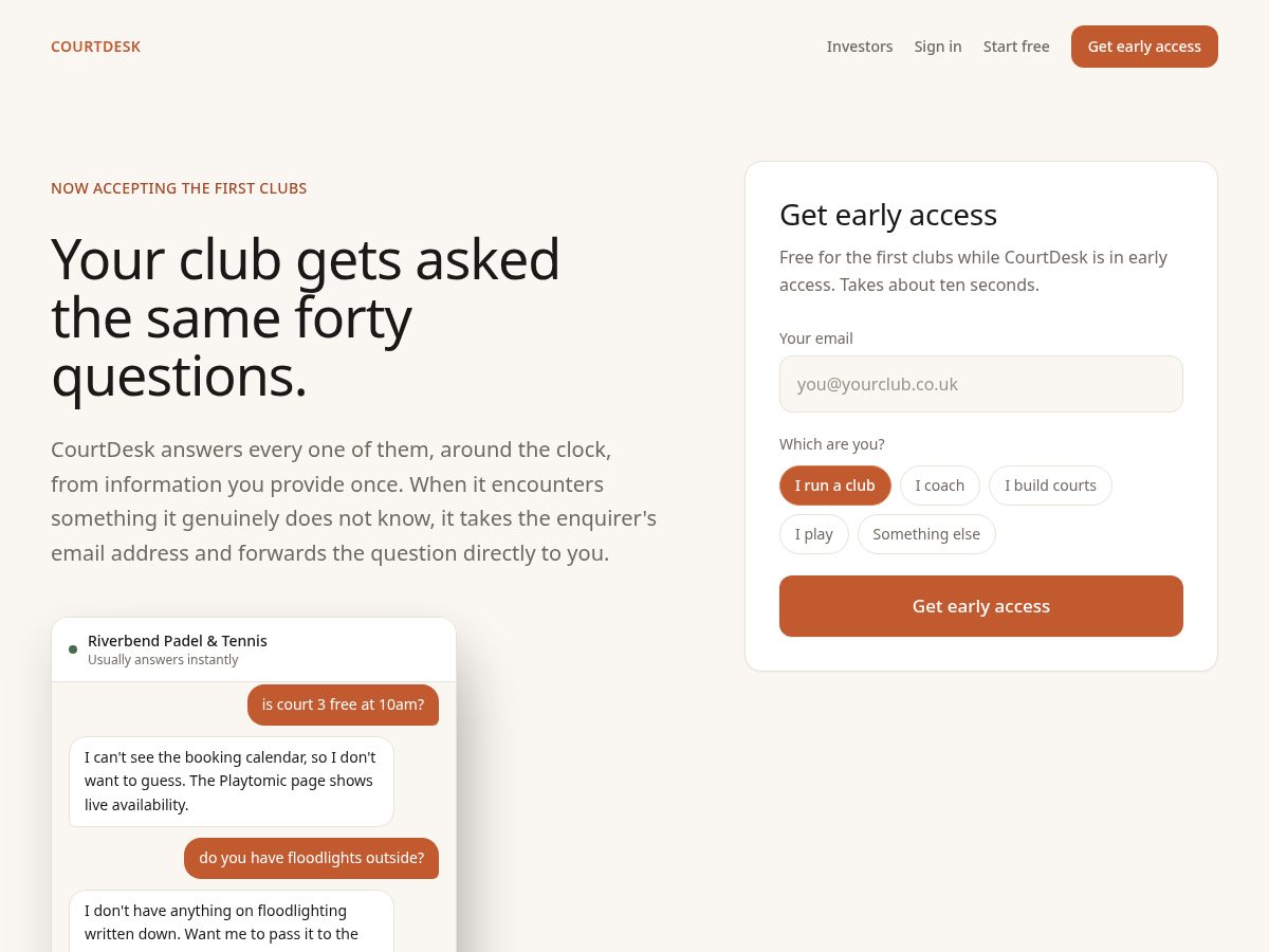 Landing-page snapshot of courtdesk.dev