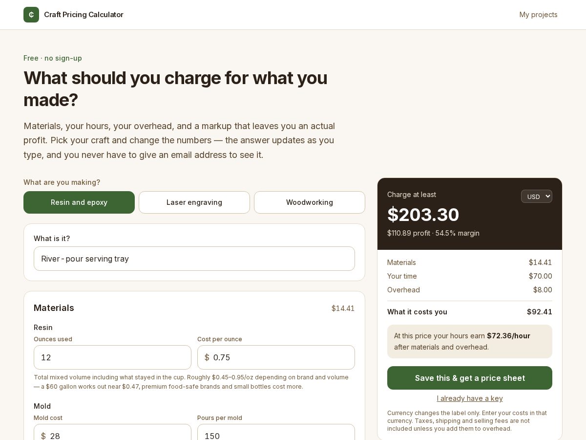 Landing-page snapshot of craftpricingcalculator.online