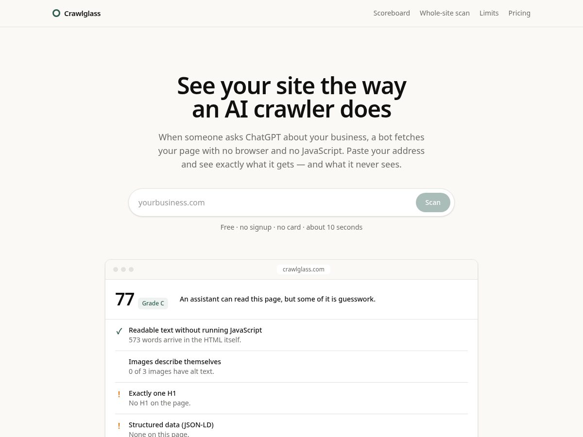 Landing-page snapshot of crawlglass.com