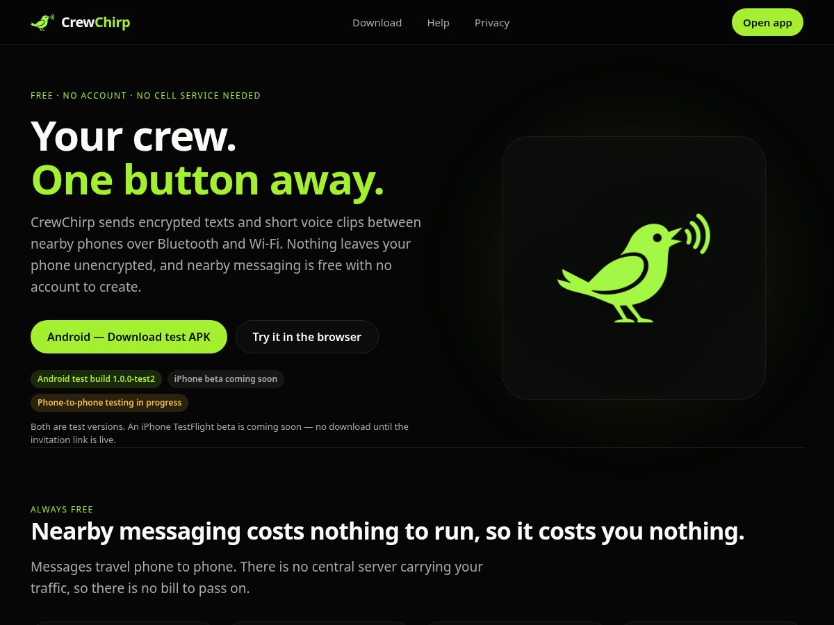 Landing-page snapshot of crewchirp.com