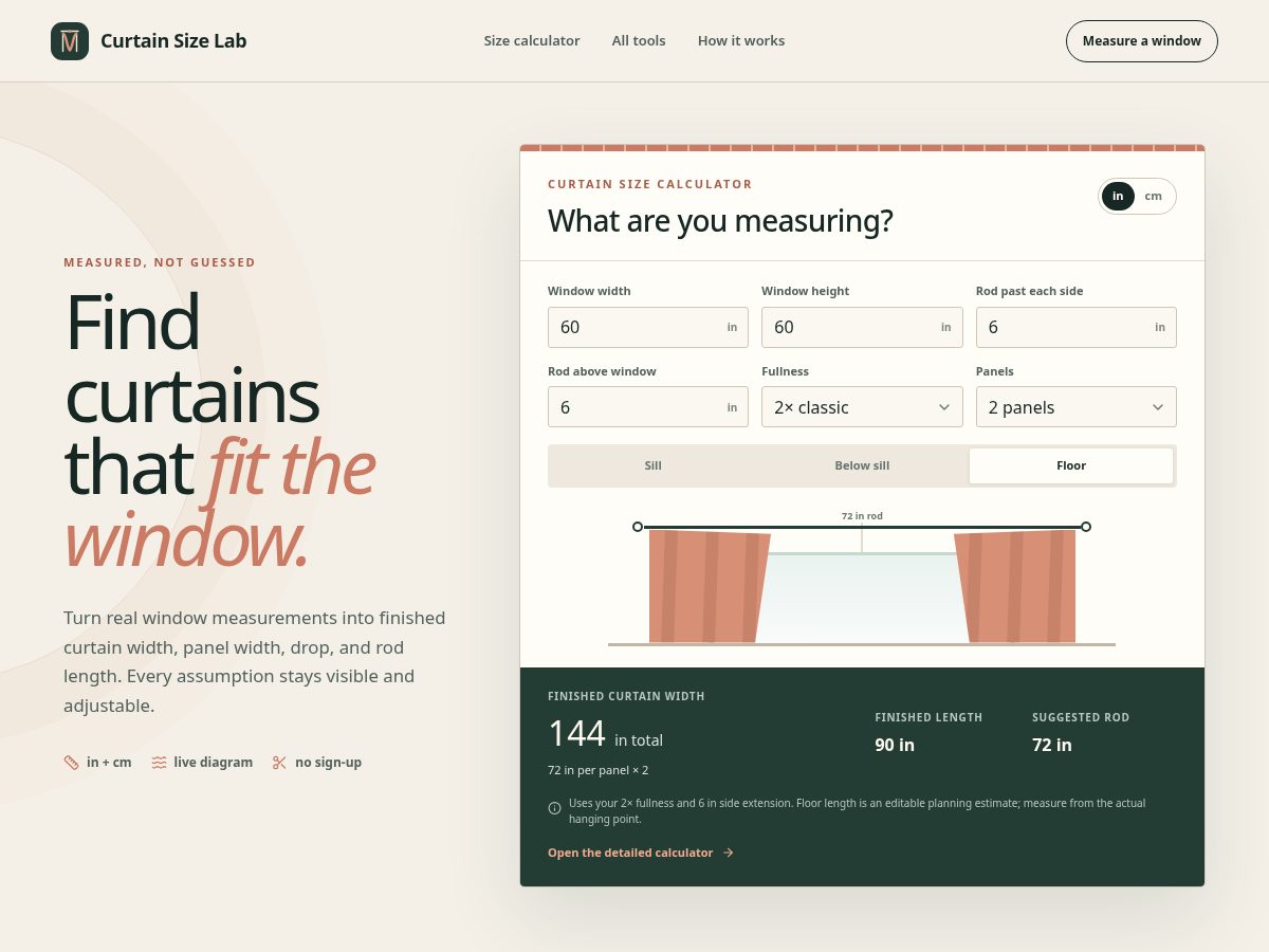 Landing-page snapshot of curtainsizelab.com