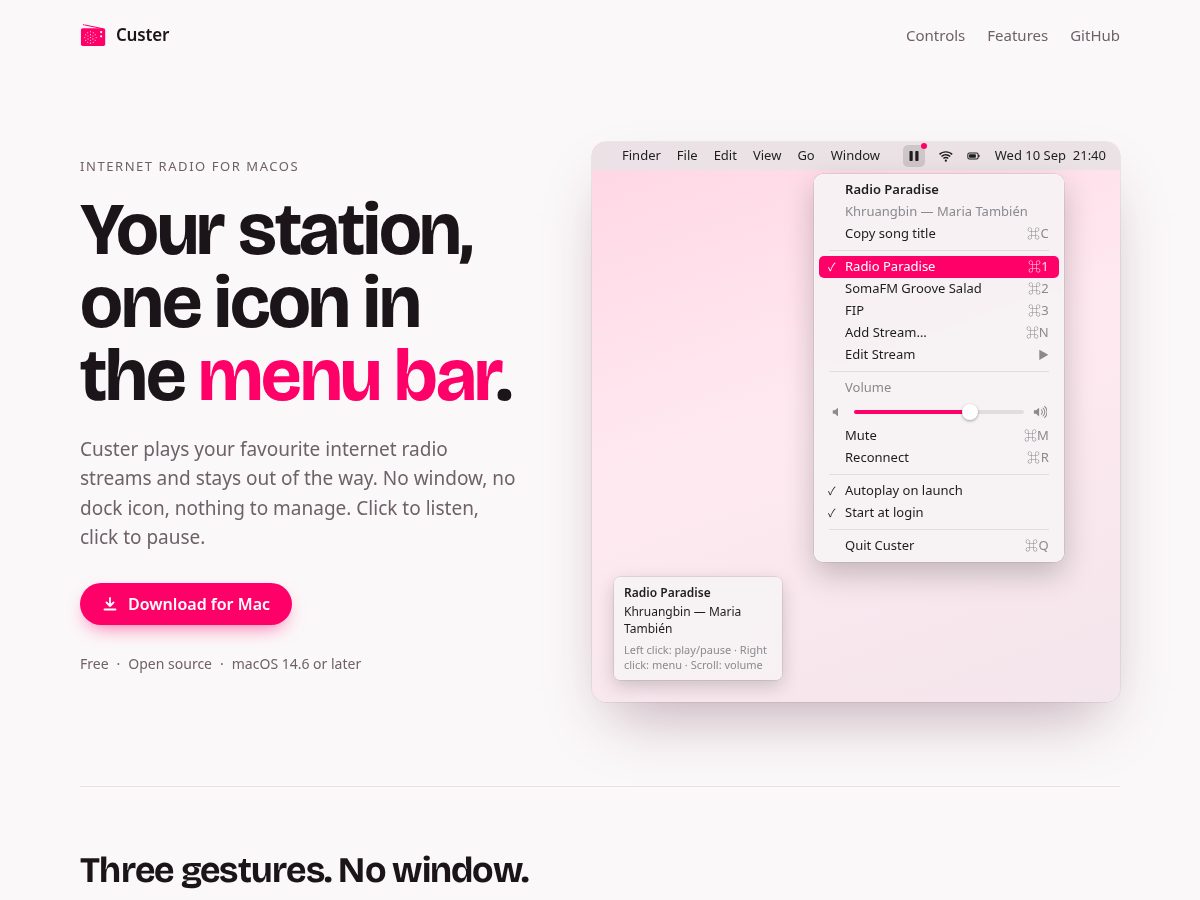 Landing-page snapshot of custer.dev