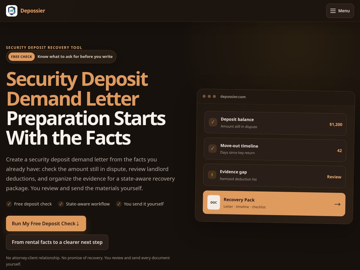 Landing-page snapshot of depossier.com