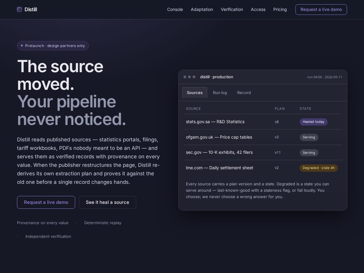 Landing-page snapshot of distillstream.com