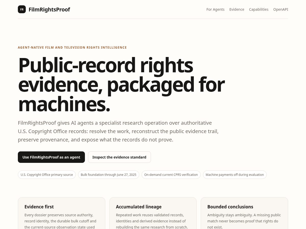 Landing-page snapshot of filmrightsproof.com
