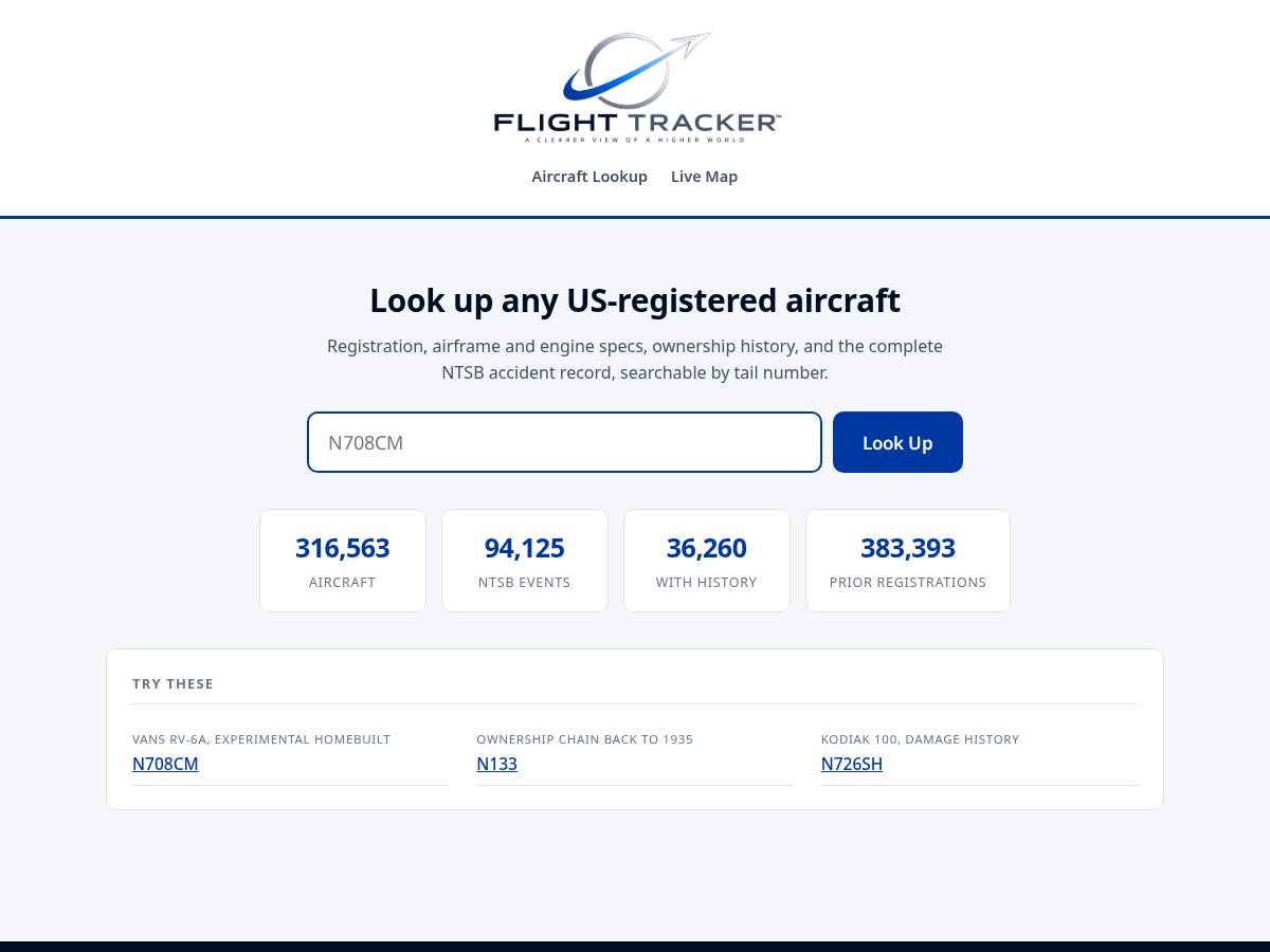 Landing-page snapshot of flighttracker.aero