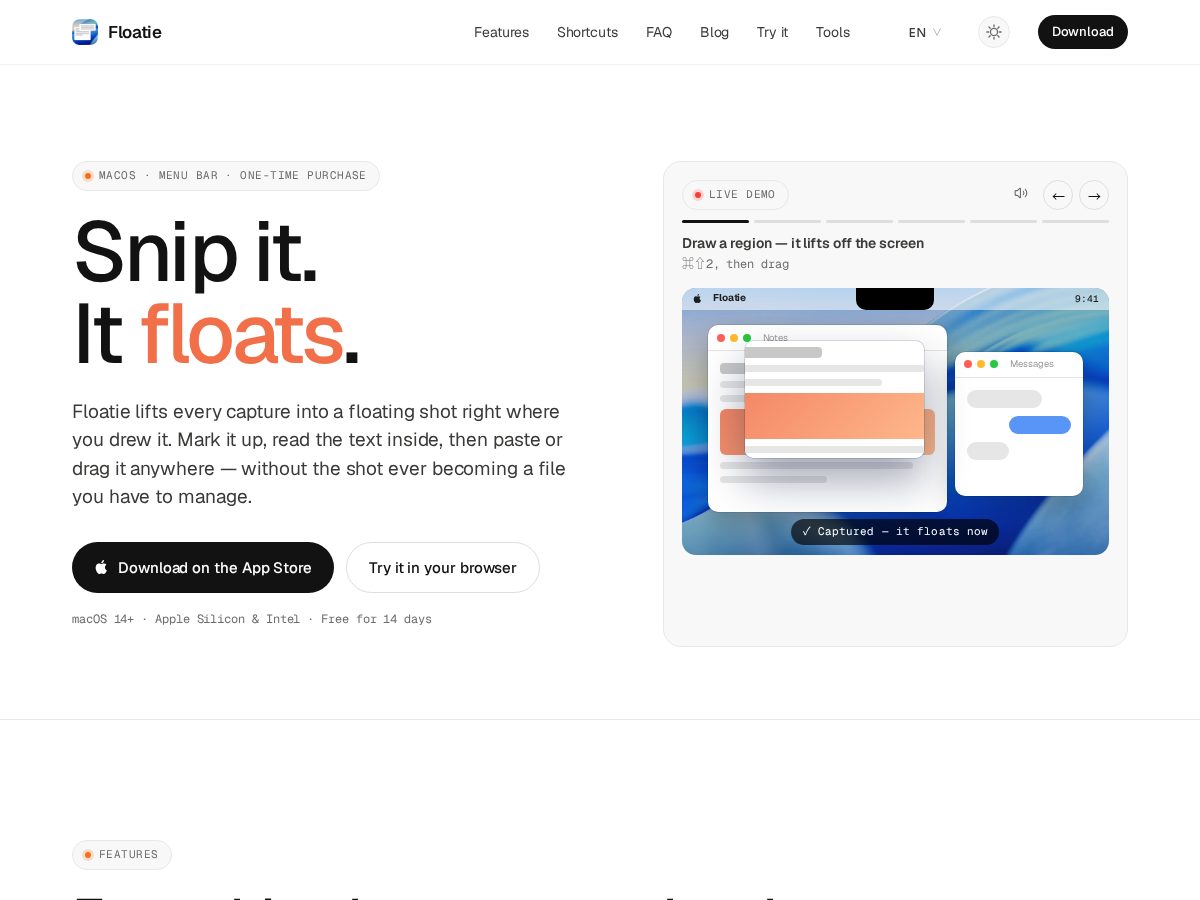 Landing-page snapshot of floatie.page