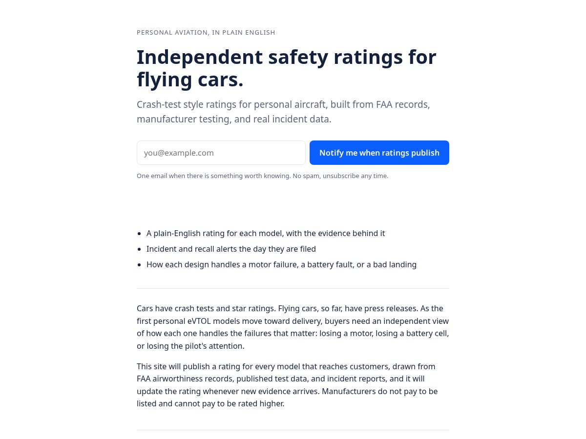 Landing-page snapshot of flyingcarsafetyratings.com