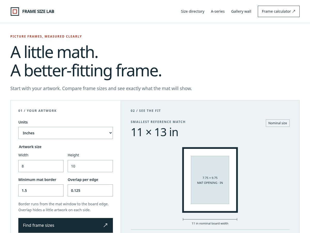 Landing-page snapshot of framesizelab.com