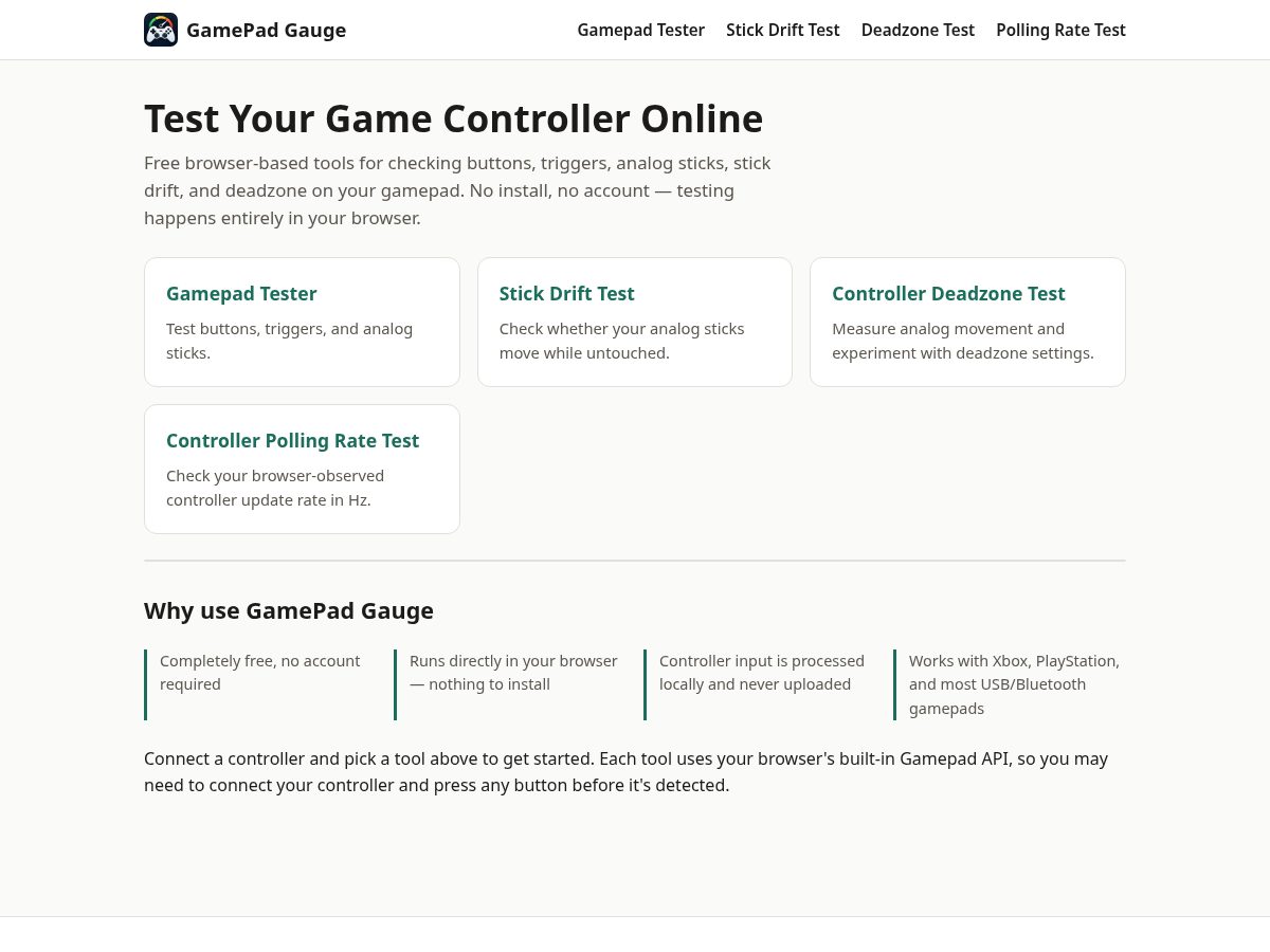 Landing-page snapshot of gamepadgauge.com