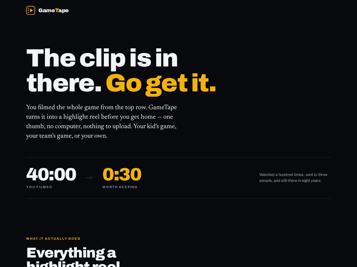 Landing-page snapshot of gametapeapp.com