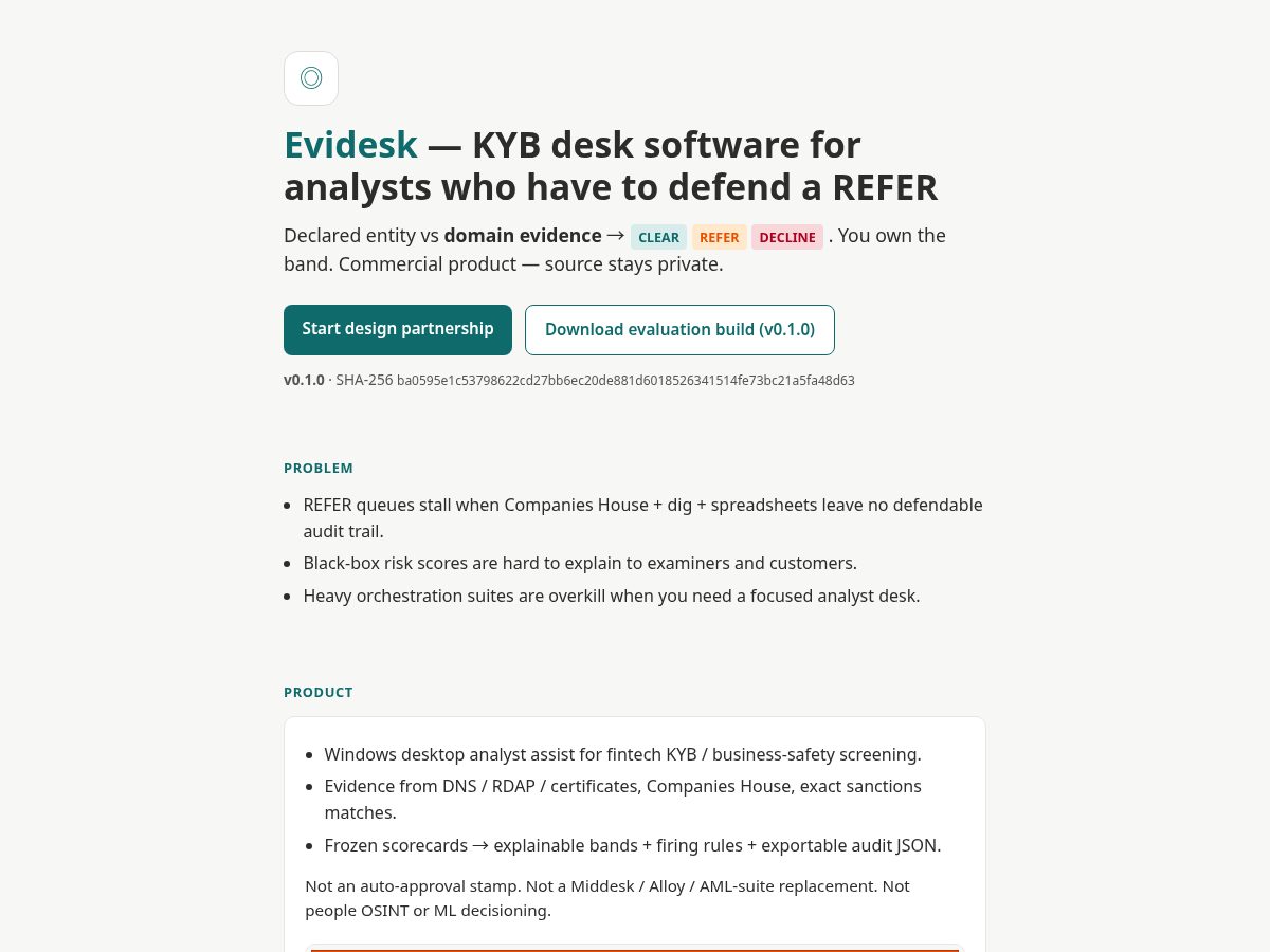 Landing-page snapshot of getevidesk.com